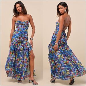 LULU’S Jeniah Blue Multi Abstract Print Drop Waist Maxi Dress